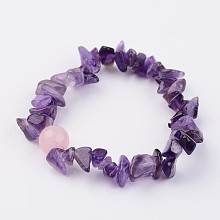 Honeyhandy Natural Amethyst Stretch Bracelets, with Rose Quartz Round Bead, 1-7/8 inch(48mm)