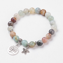 Honeyhandy Natural Flower Amazonite Stretch Bracelets, with Alloy Pendants & Bead Spacers, Tree of Life and Flower, Burlap Packing, 2 inch(5cm)