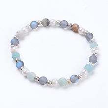 Honeyhandy Stretch Bracelets, with Natural Flower Amazonite and Synthetic Moonstone Beads, Grade A Pearl Beads and Brass Textured Beads, 2-1/4 inch(5.6~5.8cm)