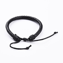 Honeyhandy Adjustable Leather Cord Braided Bracelets, with Nylon Thread Cord, Burlap Paking Pouches Drawstring Bags, Black, 2-1/8 inch~2-7/8 inch(5.4~7.4cm), 6mm