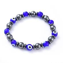 Honeyhandy Handmade Evil Eye Lampwork Beads Stretch Bracelets, with Non-Magnetic Synthetic Hematite Beads, Round, Blue, 2-1/4 inch(5.8cm)