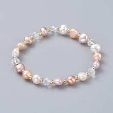 Honeyhandy Stretch Bracelets, with Natural Cultured Freshwater Pearl Beads, Glass Beads and Brass Round Spacer Beads, Korean Elastic Crystal Thread, Seashell Color, 2-1/8 inch(5.5cm)