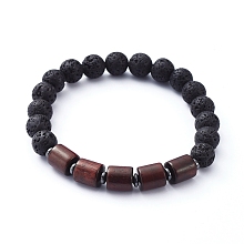 Honeyhandy Stretch Bracelets, with Natural Lava Rock Beads, Natural Wood Beads and Non-Magnetic Synthetic Hematite Beads, Inner Diameter: 2-1/8 inch(5.4cm)