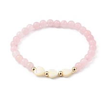 Honeyhandy Stretch Beaded Bracelets, with Heart Natural Trochid Shell Beads, Round Natural Rose Quartz Beads and Golden Plated Brass Beads, Inner Diameter: 2-1/8 inch(5.5cm)