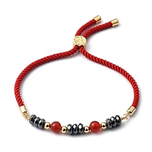 Honeyhandy Adjustable Slider Bracelets, Nylon Cord Bracelets, with Natural Carnelian(Dyed & Heated) Beads, Non-Magnetic Synthetic Hematite Beads and Brass Beads, Golden, Inner Diameter: 3/4 inch~3-1/8 inch(2~8cm)