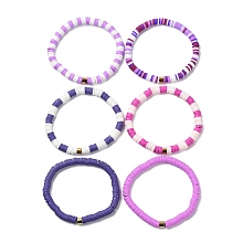 Honeyhandy Handmade Polymer Clay Heishi Beads Stretch Bracelets Sets, with Golden Plated Stainless Steel Spacer Beads, Plum, Inner Diameter: 2 inch(5.2cm), 6pcs/set