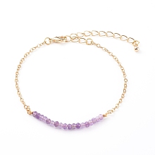 Honeyhandy February Birthstone Natural Amethyst Beaded Bracelets, with Brass Cable Chains, Faceted Round, Golden, 7-1/4 inch(18.5cm)