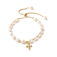 Honeyhandy Adjustable Natural Pearl Beads Slider Bracelets, with 304 Stainless Steel Venetian Chains and Brass Cross Charm, Beige, 0.15cm, Inner Diameter: 1-3/4~3-1/4 inch(4.5~8.2cm)