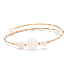 Honeyhandy Natural Rose Quartz & Pearl Round Beaded Bangle, Brass Torque Bangle for Women, Golden, Inner Diameter: 2-1/4 inch(5.6cm)