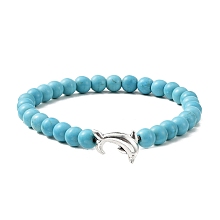 Honeyhandy Tibetan Style Alloy Dolphin & Synthetic Turquoise Round Beaded Stretch Bracelet, Sky Blue, Inner Diameter: 2 inch(5cm)