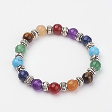 Honeyhandy Natural & Synthetic Gemstone Beaded Stretch Bracelets, with Alloy Spacer Beads, Colorful, 1-7/8 inch(47mm)