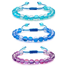 Honeyhandy 3Pcs Round Synthetic Moonstone Braided Bead Bracelets, Gemstone Jewelry for Women, Blue, Inner Diameter: 1-7/8~3-1/4 inch(4.8~8.3cm)