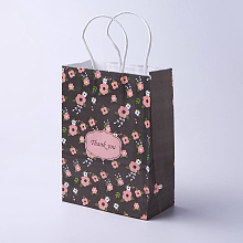 Honeyhandy kraft Paper Bags, with Handles, Gift Bags, Shopping Bags, Rectangle, Flower Pattern, Black, 21x15x8cm