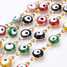 Honeyhandy Handmade 304 Stainless Steel Enamel Chains, Flat Round Evil Eye, Unwelded, Golden, 11x6x3.5mm