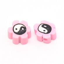 Honeyhandy Handmade Polymer Clay Bead, Flower with Tai Ji, Pink, 9x4.5mm, Hole: 1.8mm, about 95~100pcs/bag