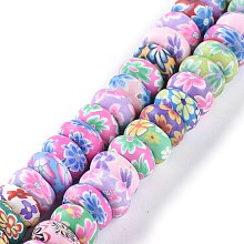 Honeyhandy Handmade Flower Printed Polymer Clay Beads Strands, Rondelle, Colorful, 11~12.7x5.8~6.2mm, Hole: 1.4mm, about 56pcs/Strand, 12.60''(32cm)