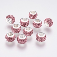 Honeyhandy 304 Stainless Steel European Beads, with Polymer Clay Rhinestone, Large Hole Beads, Rondelle, Light Rose, 11x7.5mm, Hole: 5mm