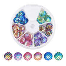 Resin Cabochons, Flat Round with Mermaid Fish Scale, Mixed Color, 12x3.5mm; 36pcs/box