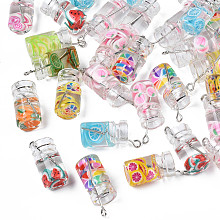 Honeyhandy Glass Bottle Pendants, with Resin Inside, Imitation Fruit Juice, Mixed Color, 25x11x10mm, Hole: 1.8mm