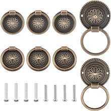 AHANDMAKER 8 Sets Drawer Pull Rings Handles, 2 Styles Vintage Antique Dresser Knobs Bronze Ring Drawer Flat Round Cabinet Knob with Screws for Cabinet Drawer Nightstand Cupboard DIY Leather Belt