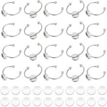 UNICRAFTALE 20pcs Half Round Blank Dome Finger Ring 6mm Tray Stainless Steel Cuff Pad Ring with Transparent Glass Cabochons Metal Cuff Bezel Rings Set for Ring Making