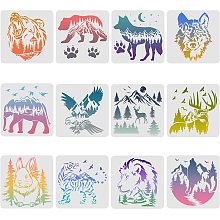 FINGERINSPIRE 12PCS/Set Bear Deer Eagle Rabbit Wolf Stencils, 11.8x11.8 Inch Tiger Elephant Claw Animal Stencils for Drawing, Wildlife Stencils for Painting on Wood Fabric Canvas Walls Stencil