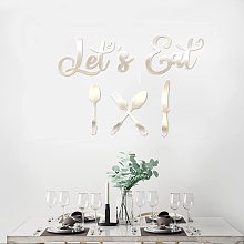 GLOBLELAND Let's Eat Acrylic Wall Stickers Knife and Fork Pattern Mirror Decor Stickers DIY Wall Decals for Kitchen Dinning Room Restaurant Motivational Letter Wall Decor