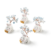 Honeyhandy Natural Aquamarine Tree Display Decorations, Resin Rabbit Base Feng Shui Ornament for Wealth, Luck, Rose Gold, 26x42~49x62~64mm