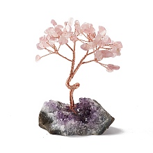 Honeyhandy Natural Rose Quartz Tree Display Decoration, Druzy Amethyst Base Feng Shui Ornament for Wealth, Luck, Rose Gold Brass Wires Wrapped, 45~52x69~75x93~107mm