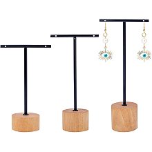 FINGERINSPIRE Black Metal 3 Pcs T Bar Earring Display Stand with Wooden Base Jewelry Holders Hanging Jewelry Organizer for Store Retail Photography Props【Black- Round Base, 5.7&4.9&3.9 Inch Height】