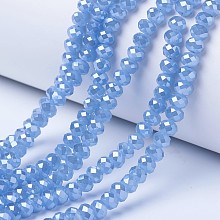 Honeyhandy Electroplate Glass Beads Strands, Imitation Jade Beads, Pearl Luster Plated, Faceted, Rondelle, Cornflower Blue, 10x8mm, Hole: 1mm, about 65~66pcs/strand, 20.8~21.2 inch(53~54cm)