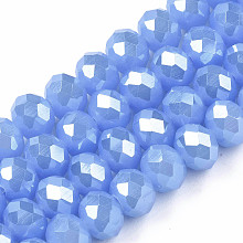 Honeyhandy Electroplate Glass Beads Strands, Imitation Jade Beads, Pearl Luster Plated, Faceted, Rondelle, Cornflower Blue, 4x3mm, Hole: 0.4mm, about 123~127pcs/strand, 16.5~17.3 inch(42~44cm)