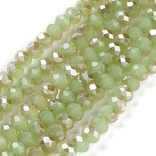 Honeyhandy Electroplate Glass Beads Strands, Imitation Jade Beads, Half Plated, Rainbow Plated, Faceted, Rondelle, Yellow Green, 4x3mm, Hole: 0.4mm, about 123~127pcs/strand, 16.5~16.9 inch(42~43cm)