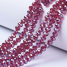 Honeyhandy Electroplate Glass Beads Strands, Pearl Luster Plated, Faceted, Rondelle, Medium Violet Red, 4x3mm, Hole: 0.4mm, about 123~127pcs/strand, 16.5~16.9 inch(42~43cm)