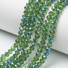 Honeyhandy Electroplate Glass Beads Strands, Half Plated, Blue Plated, Faceted, Rondelle, Green, 4x3mm, Hole: 0.4mm, about 123~127pcs/strand, 16.5~16.9 inch(42~43cm)