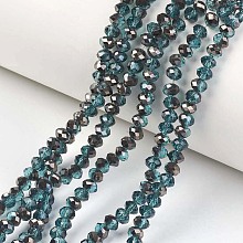 Honeyhandy Electroplate Transparent Glass Beads Strands, Half Black Plated, Faceted, Rondelle, Teal, 4x3mm, Hole: 0.4mm, about 123~127pcs/strand, 16.5~16.9 inch(42~43cm)