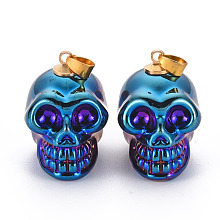 Honeyhandy Electroplate K9 Glass Pendants, with Golden Plated Brass Bails, Skull, Halloween, Medium Blue, 25x26~27x19mm, Hole: 5x3mm