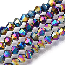 Honeyhandy Electroplate Glass Bead Strands, Rainbow Plated, Faceted Bicone, Multi-color Plated, 4x4.5mm, Hole: 1mm, about 92~96pcs/strand, 13.78~14.37 inch