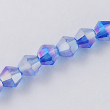 Honeyhandy Glass Beads Strands, AB Color Plated, Faceted, Bicone, Dodger Blue, 3x3~3.5mm, Hole: 0.5mm, about 125~130pcs/strand, 15.5 inch