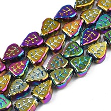 Honeyhandy Electroplate Glass Beads Strands, Half Plated, Leaf, Multi-color Plated, 10x8x4mm, Hole: 0.9mm, about 58~66pcs/strand, 21.65 inch~ 24.80 inch(55~63cm)