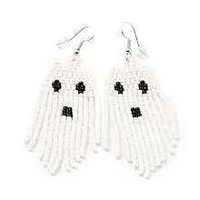 Honeyhandy Glass Seed Braided Ghost Chandelier Earrings, Chain Tassel Alloy Halloween Earrings for Women, Antique White, 73mm, Pin: 0.6mm