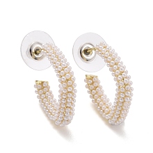 Honeyhandy Imitation Pearl Beaded Twist C-shape Stud Earrings, Alloy Half Hoop Earrings, Open Hoop Earrings with 925 Sterling Silver Pin for Women, Light Gold, White, 21.5x23.5x4mm, Pin: 1mm