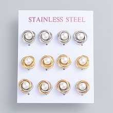 Honeyhandy 304 Stainless Steel Stud Earrings, Love Knot Earrings, with Plastic Imitation Pearl Beads and Ear Nuts, Mixed Color, 11mm, Pin: 0.7mm, 6pairs/card