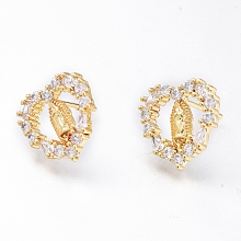 Honeyhandy Brass Micro Pave Cubic Zirconia Ear Studs, Long-Lasting Plated, Heart with Virgin Mary, Golden, Clear, 15x13mm, Pin: 0.8mm