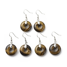 Honeyhandy Natural Tiger Eye Donut Dangle Earrings, Platinum Plated Brass Jewelry for Women, Cadmium Free & Lead Free, 41mm, Pin: 0.6mm