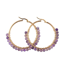 Honeyhandy Beaded Hoop Earrings, with Natural Amethyst Beads, Golden Plated 304 Stainless Steel Hoop Earrings, 50mm, Pin: 0.6x1mm