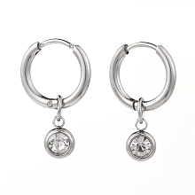 Honeyhandy 304 Stainless Steel Huggie Hoop Earrings, with Rhinestone Birthstone Charms, Flat Round, Crystal, Stainless Steel Color, 22mm, Pin: 1mm