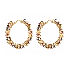 Honeyhandy 304 Stainless Steel Beaded Hoop Earrings, Hypoallergenic Earrings, with Brass Round Beads, Multi-color, 51mm, Pin: 1x0.7mm