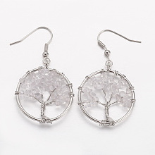 Honeyhandy Dangle Earrings, with Natural Quartz Crystal Beads and Brass Hooks, Ring with Tree of Life, 50mm, Pin: 0.6mm