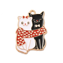 Honeyhandy Alloy Enamel Pendants, Light Gold, Couple Cat Charm, White, 27x19x1.5mm, Hole: 2mm